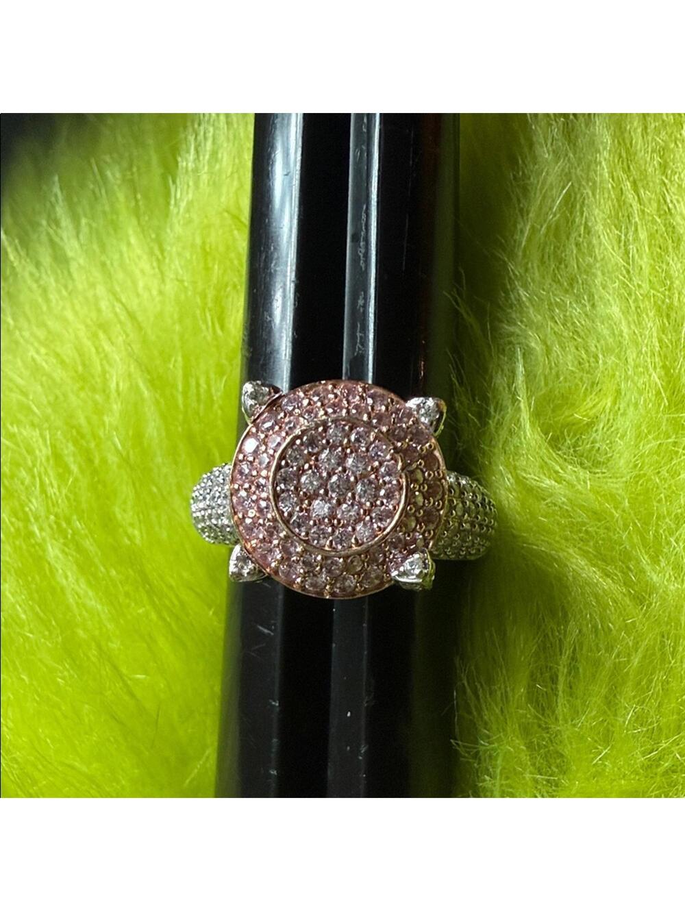 Suzy Levian Sterling Silver and Rose Gold Plated Pave Pink CZ ring